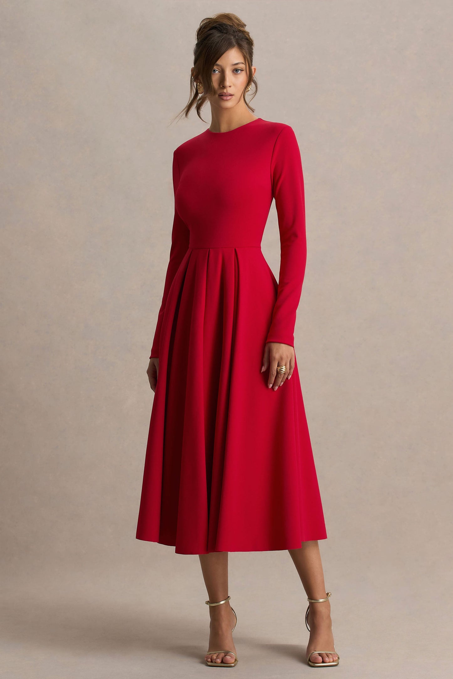 Bellamy | Red Crew-Neck Long-Sleeve Midi Dress