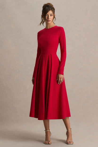 Bellamy | Red Crew-Neck Long-Sleeve Midi Dress