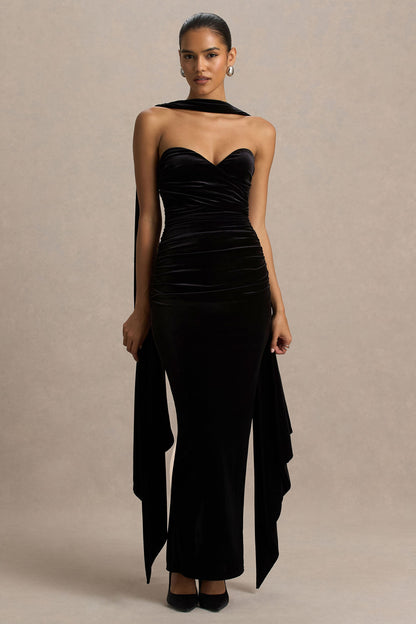 Paloma | Black Velvet Bandeau-Neck Maxi Dress With Scarf