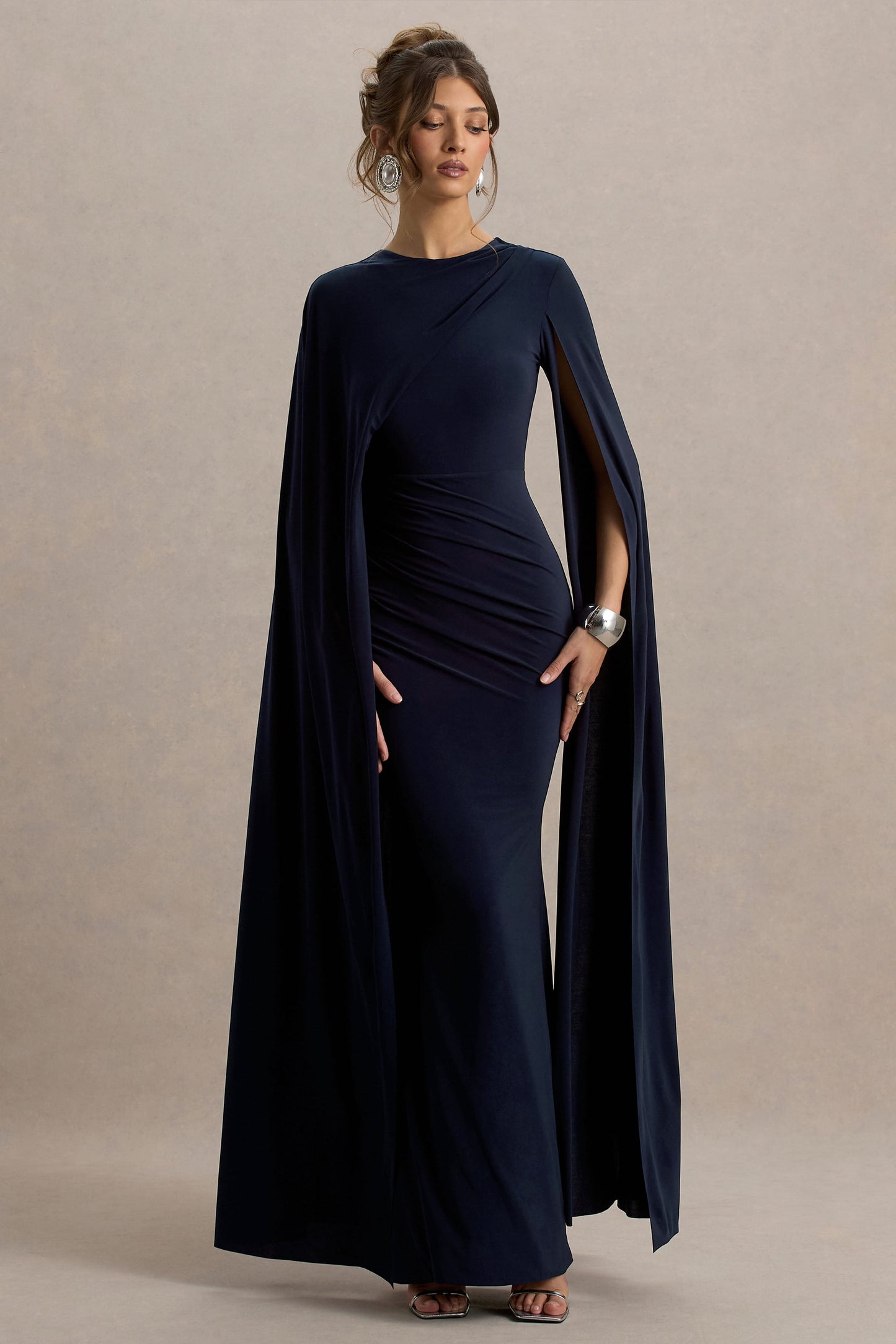 Magdelena | Navy Asymmetric Cape Maxi Dress