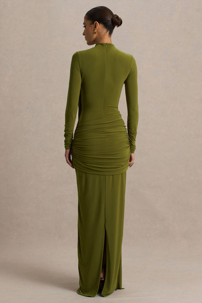 Melissa | Olive Long-Sleeve Wrap Maxi Dress With Ruched Detailing
