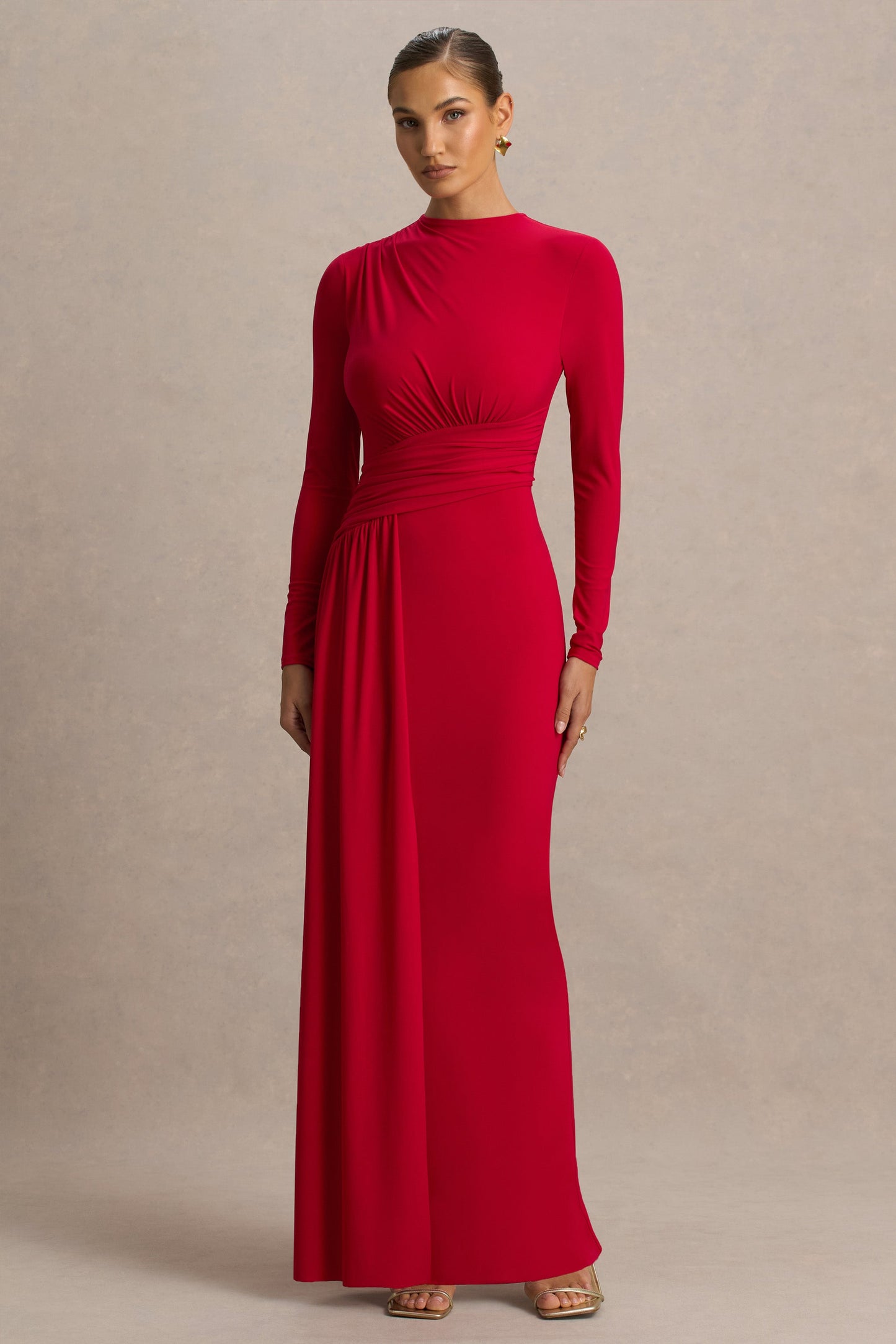 Virelle | Red Boat-Neck Maxi Dress With Drop-Waist