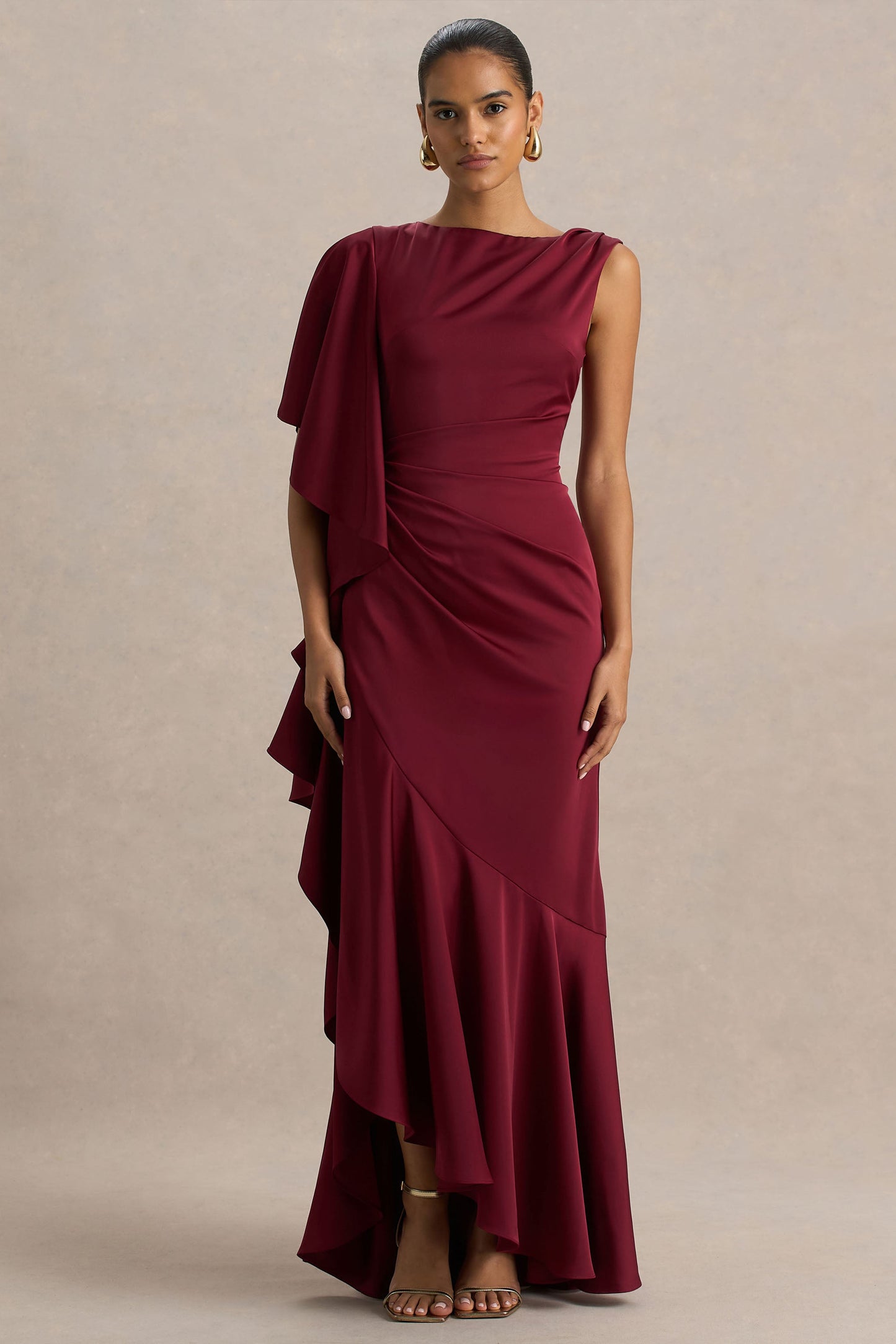 Rosy | Burgundy Satin Boat-Neck Maxi Dress With Front Split And Ruched Detailing