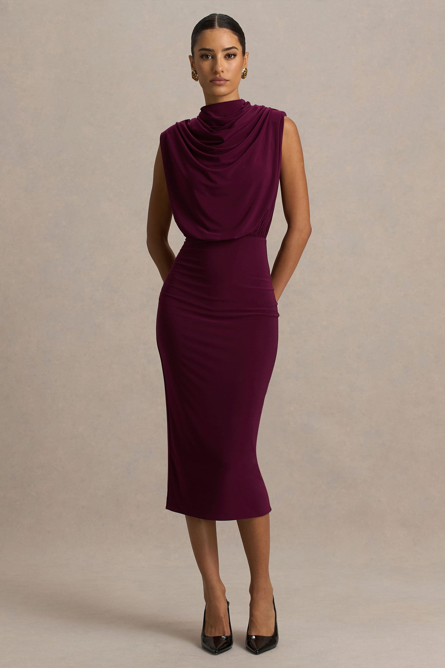 Hermia | Burgundy High-Neck Midi Dress