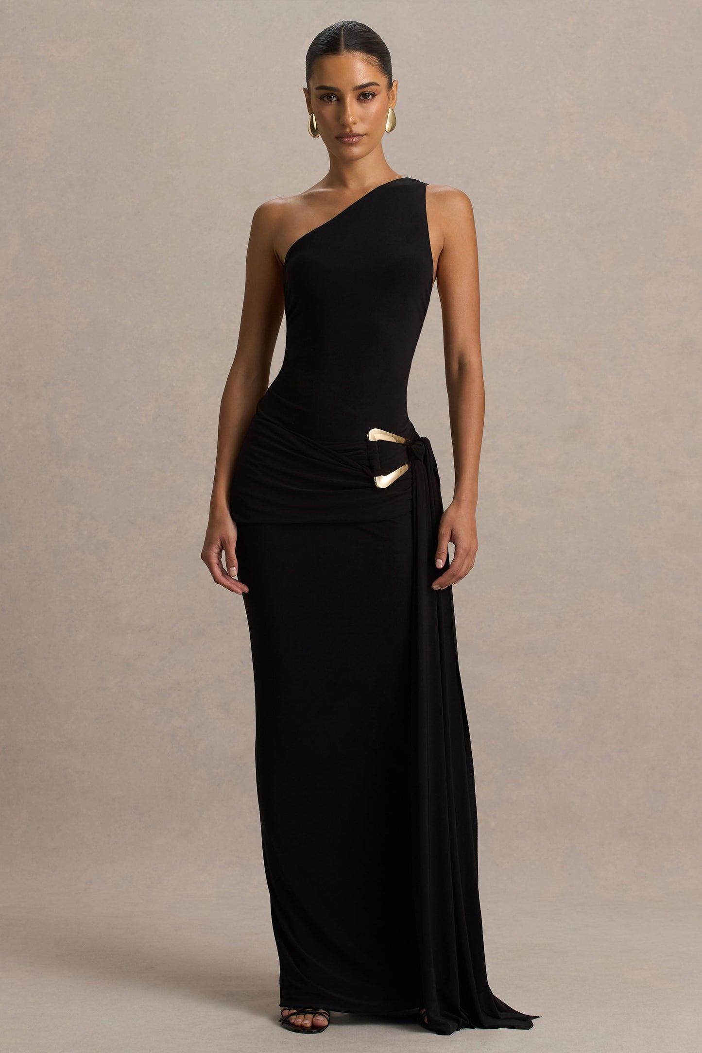 Bonnie | Black Asymmetric-Neck Maxi Dress With Ruched-Detailing