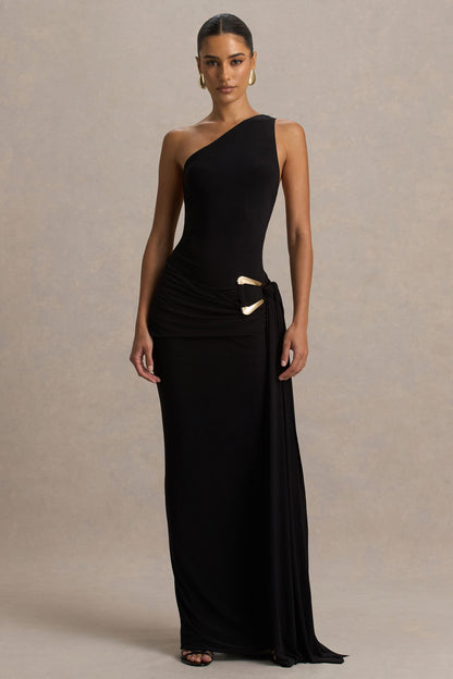 Bonnie | Black Asymmetric-Neck Maxi Dress With Ruched-Detailing