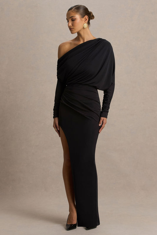 Olivia | Black Asymmetric-Neck Maxi Dress With Ruched Detailing And Front-High Split