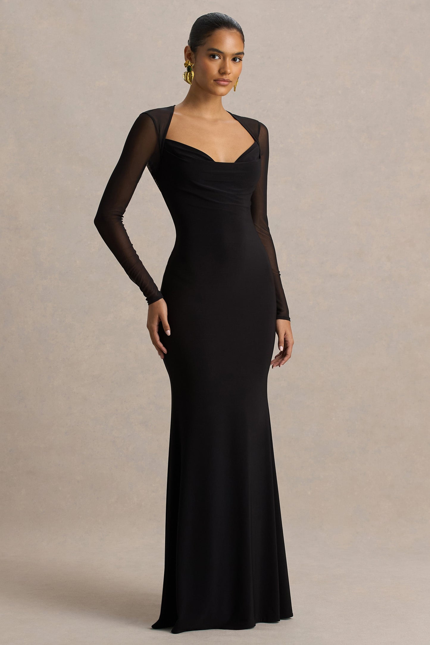 Bethan | Black Cowl-Neck Maxi Dress With Mesh Sleeves And Open-Back