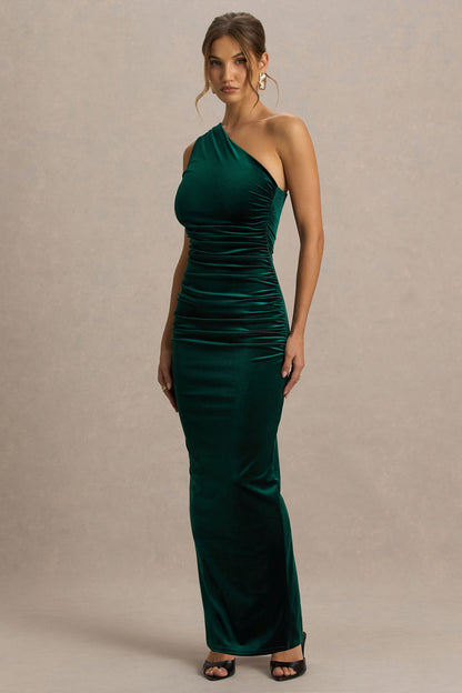 Treat | Bottle Green Velvet Asymmetric-Neck Maxi Dress With Ruched Detailing