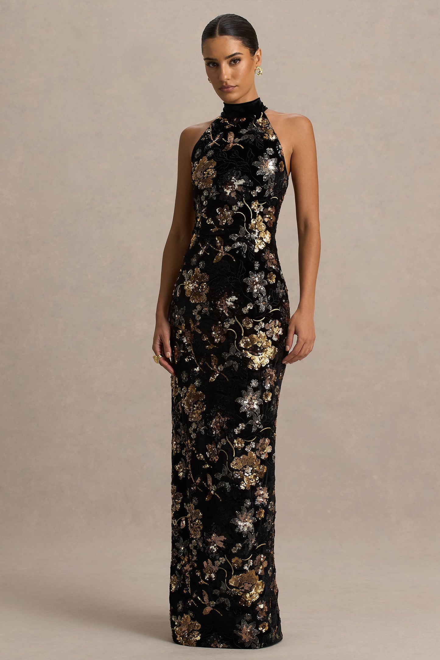 Tate | Black Velvet Halter-Neck Maxi Dress With Bronze Floral Sequin