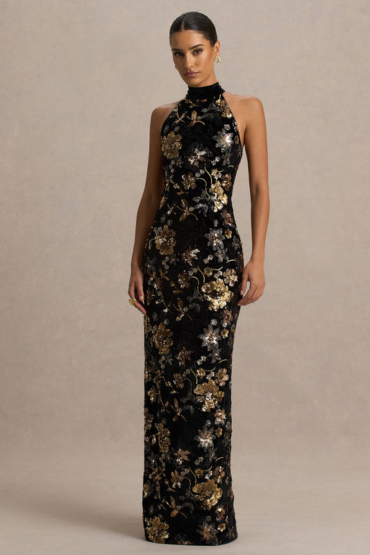 Tate | Black Velvet Halter-Neck Maxi Dress With Bronze Floral Sequin
