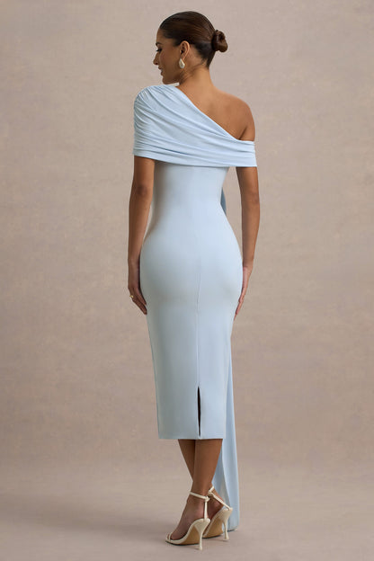 Vallea | Powder Blue One-Shoulder Draped Midi Dress