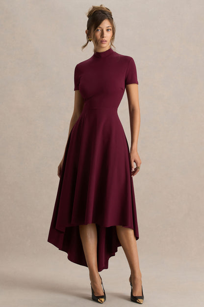 Bellona | Burgundy High-Neck High-Low Midi Dress