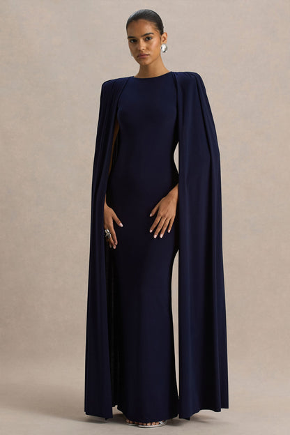 Mimi | Navy High-Neck Maxi Dress With Cape Sleeve Detail