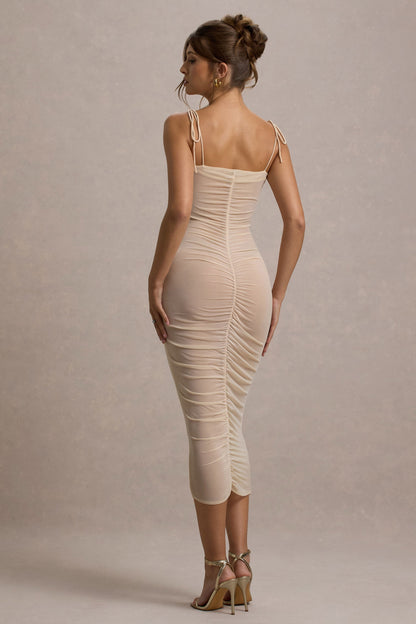 Jesi | Cream Mesh Ruched Midi Dress With Ruffles