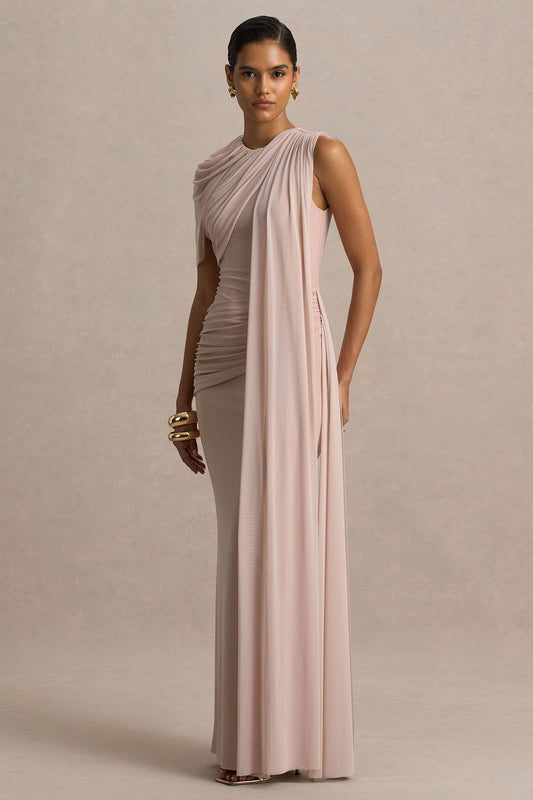 Brenda | Champagne Maxi Dress With Mesh Cape And Sash