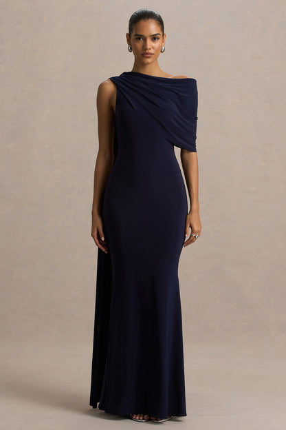 Tiana | Navy Asymmetric-Neck Maxi Dress With Drape-Detail
