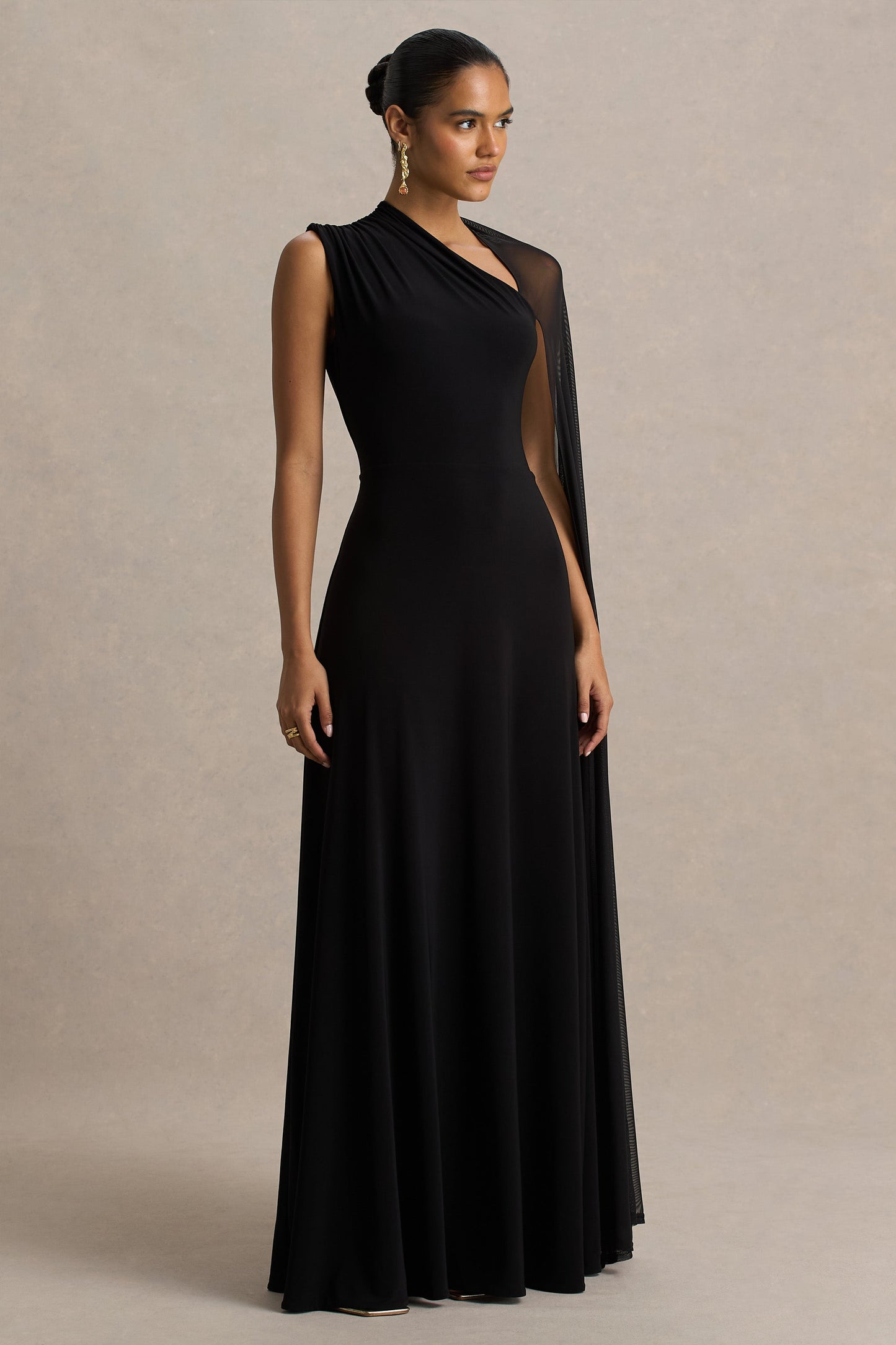 Selena | Black High-Neck Maxi Dress With Cut-Out And Cape Sleeve Detail