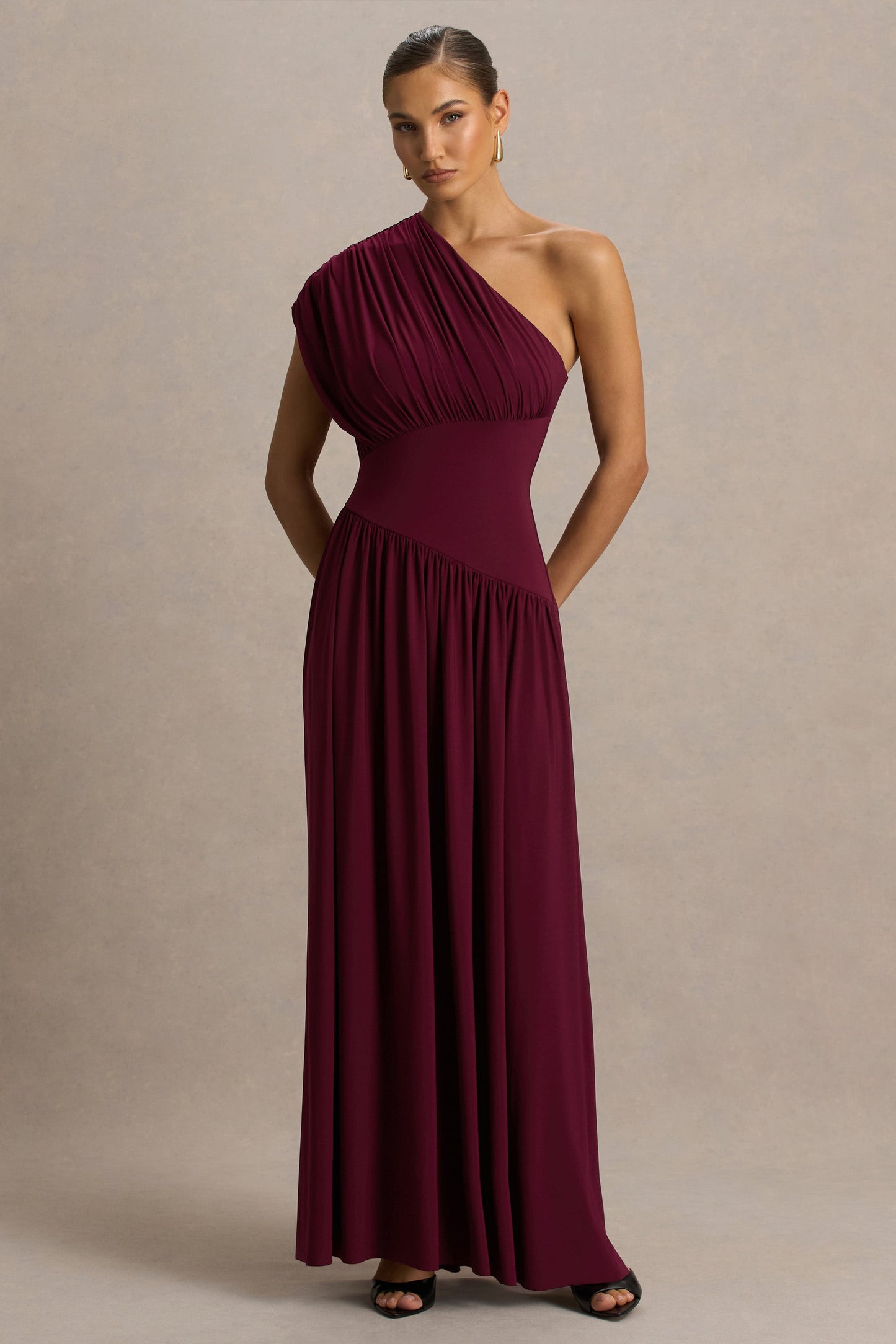 Kelsey | Burgundy Asymmetric-Neck Maxi Dress With Ruched Detailing