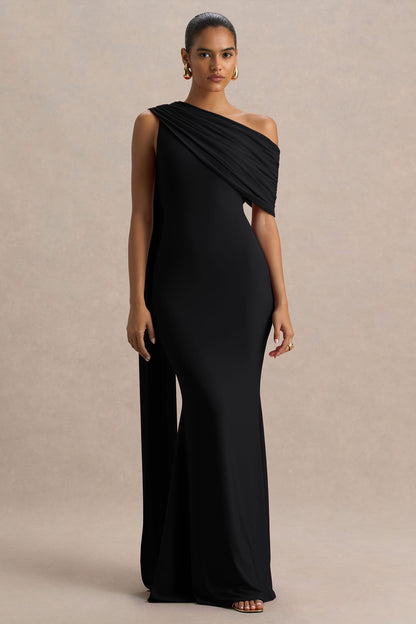 Zendaya | Black Asymmetric-Neck Fishtail Maxi Dress With Cape Detail