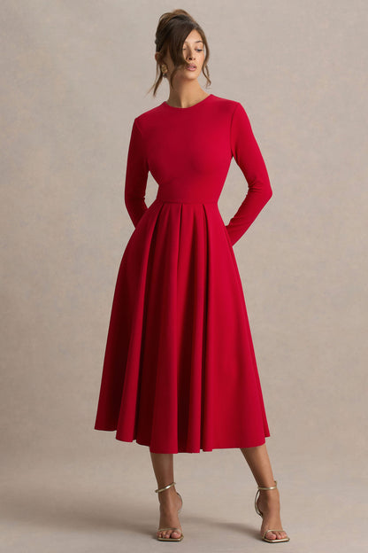 Bellamy | Red Crew-Neck Long-Sleeve Midi Dress