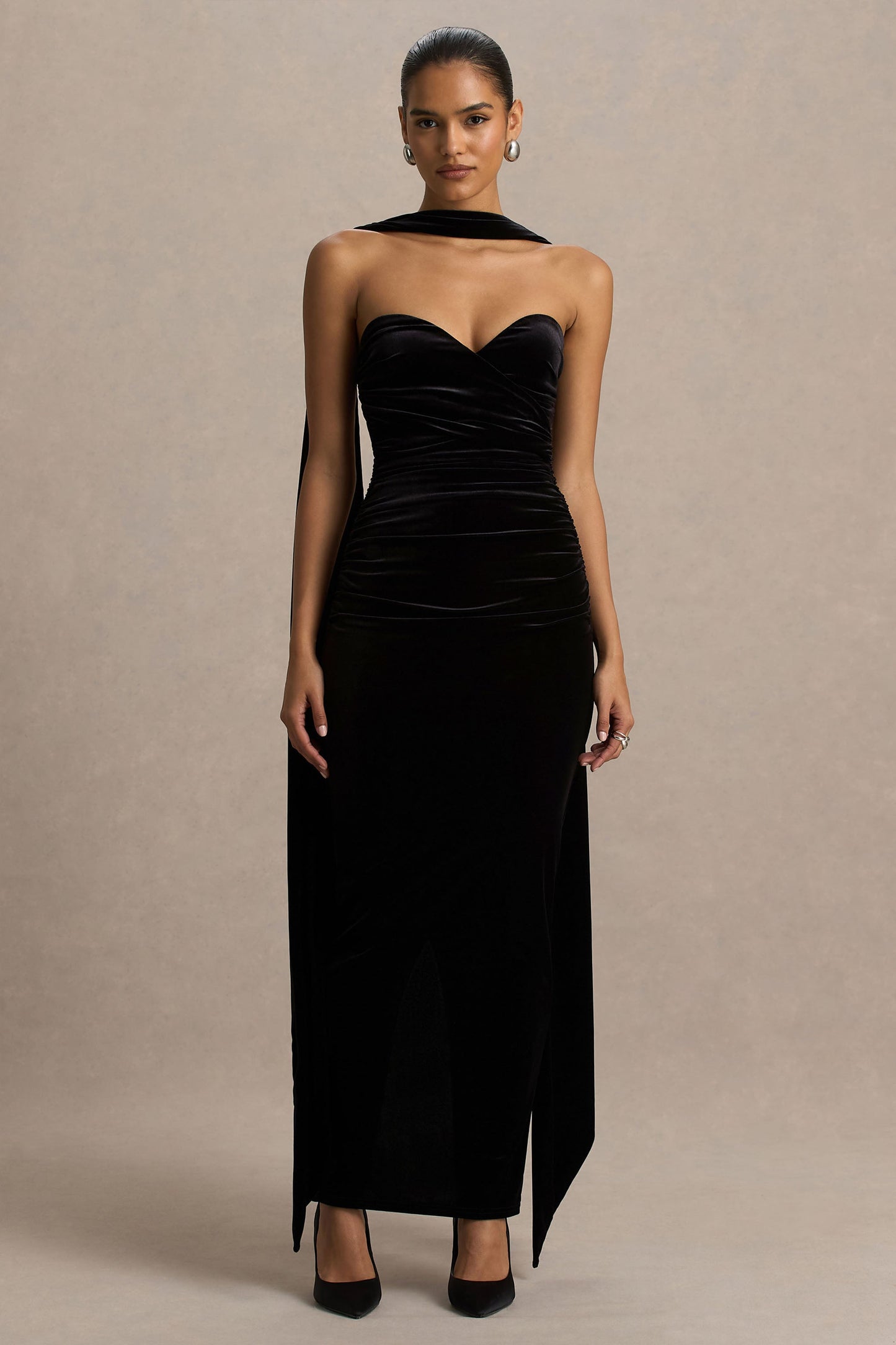 Paloma | Black Velvet Bandeau-Neck Maxi Dress With Scarf