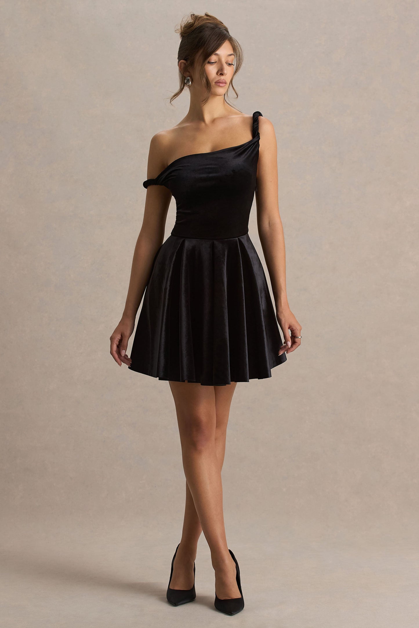 Leticia | Black Velvet Asymmetric-Neck Velvet Mini Dress With Twist-Sleeve