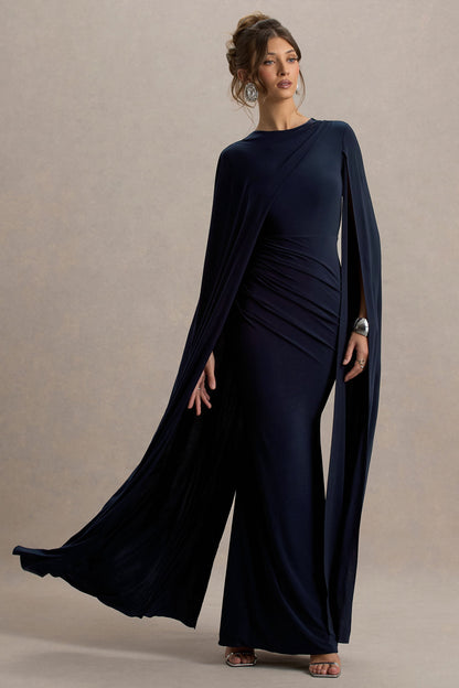Magdelena | Navy Asymmetric Cape Maxi Dress