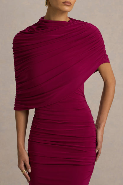 Glitz | Burgundy High-Neck Maxi Dress With Cape Sleeve and Ruched Detailing