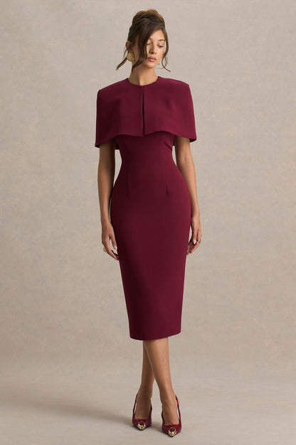 Baylor | Burgundy Midi-Dress With Cape-Detail