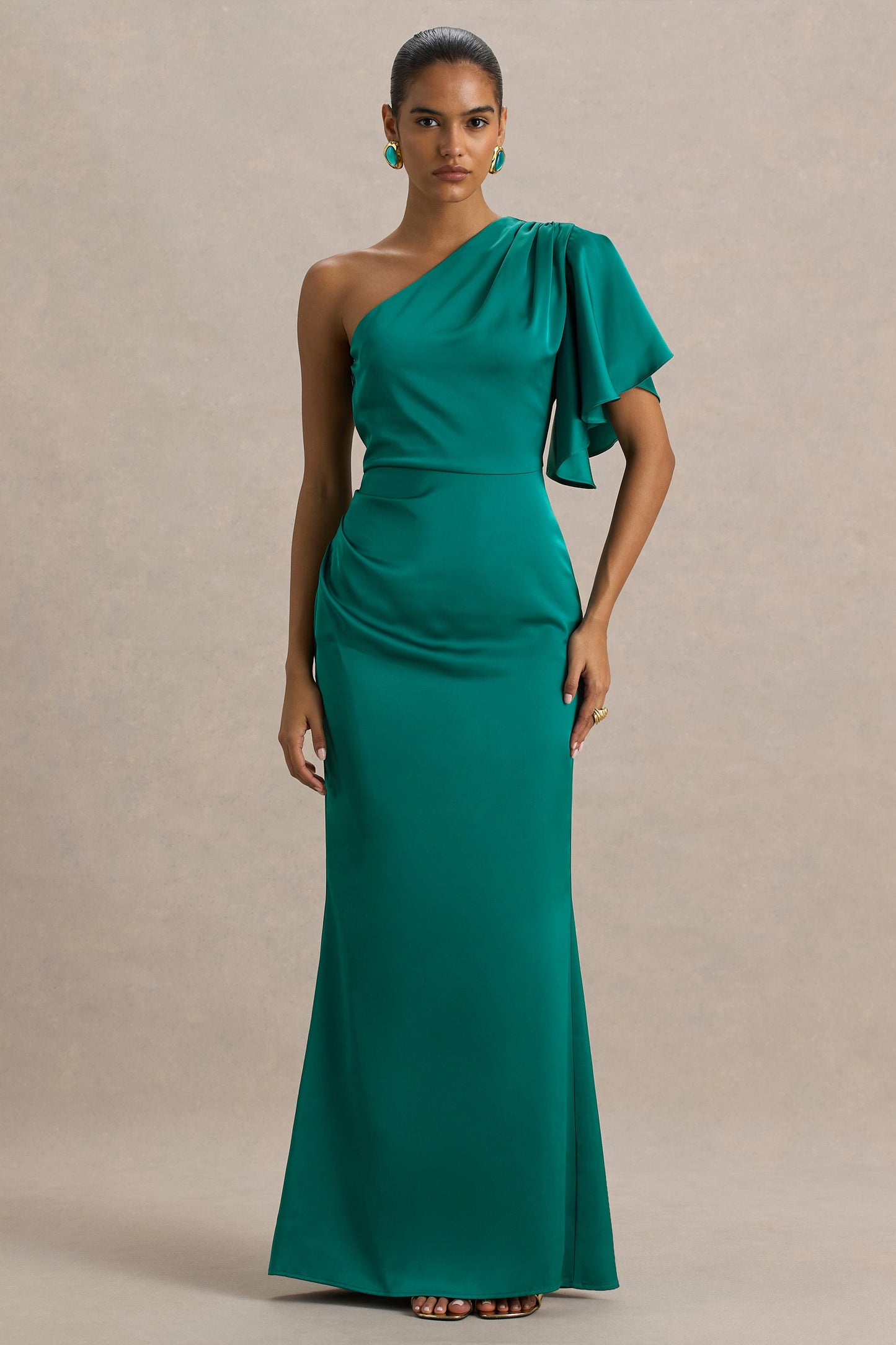 Unforgettable | Bottle Green Asymmetric-Neck Maxi Dress With Ruched Detailing