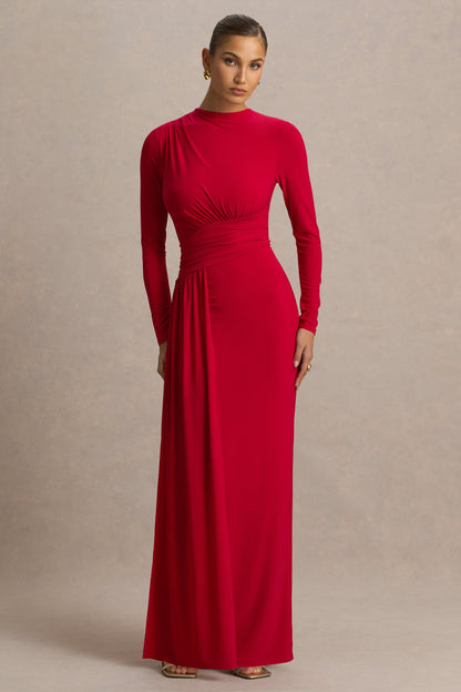 Virelle | Red Boat-Neck Maxi Dress With Drop-Waist
