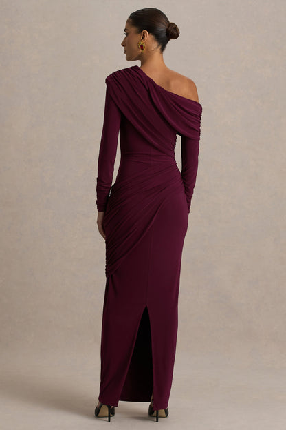 Perrie | Burgundy Asymmetric-Neck Maxi Dress With Ruched Detailing
