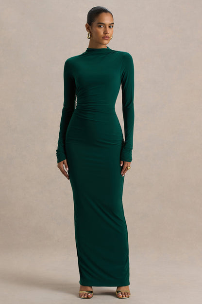 Eden |  Bottle Green High-Neck Maxi Dress With Ruched Detailing