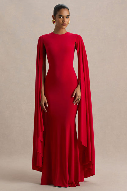 Briony | Red Crew-Neck Maxi Dress With Cape Sleeves