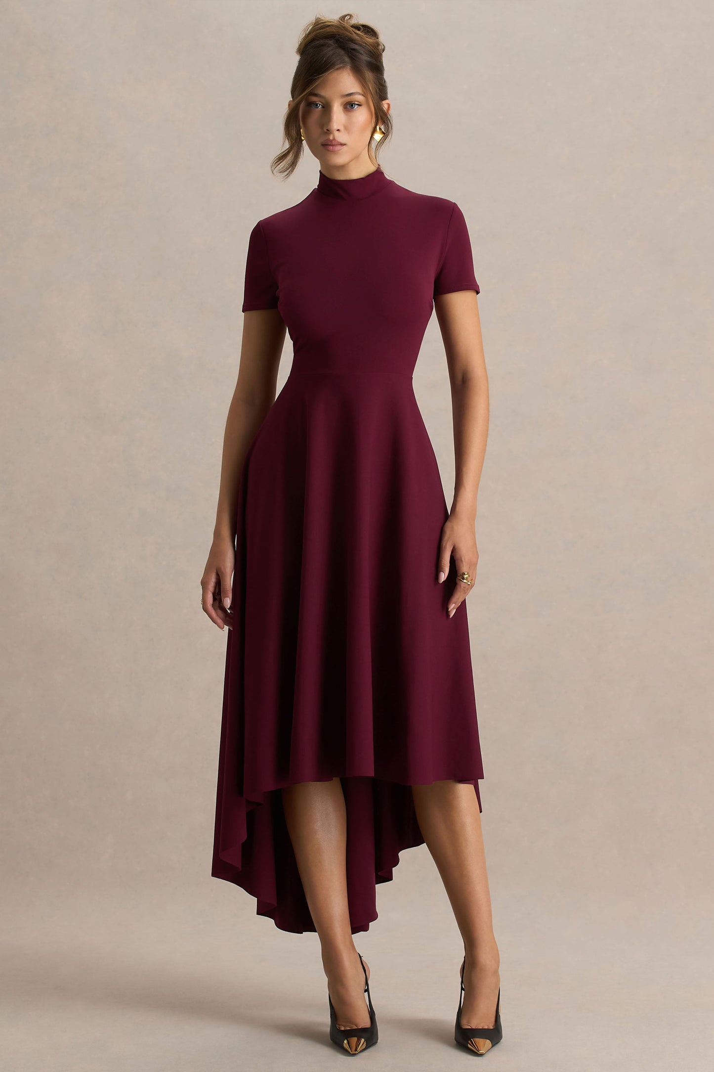 Bellona | Burgundy High-Neck High-Low Midi Dress