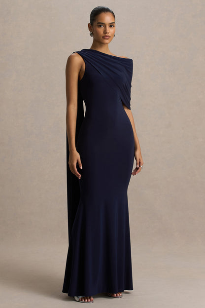 Tiana | Navy Asymmetric-Neck Maxi Dress With Drape-Detail
