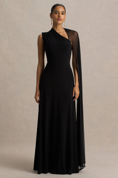 Selena | Black High-Neck Maxi Dress With Cut-Out And Cape Sleeve Detail