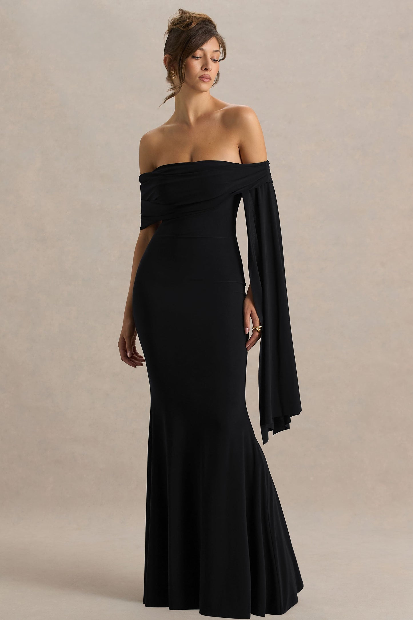 Saffina | Black Bardot-Neck Maxi Dress With Sash Detail