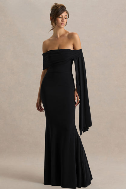 Saffina | Black Bardot-Neck Maxi Dress With Sash Detail