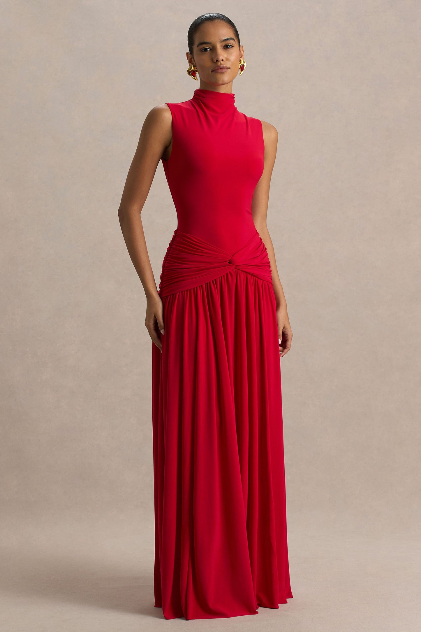 Cascade | Red High-Neck Maxi Dress With Twist Detail