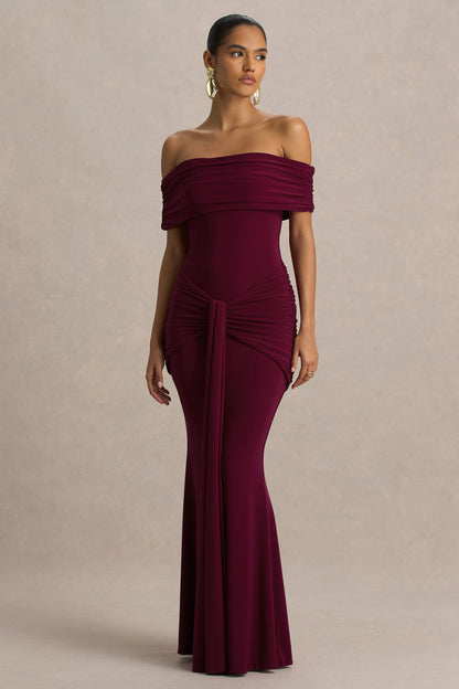 Envisioned | Burgundy Bardot-Neck Maxi Dress With Gathered And Drape Detail