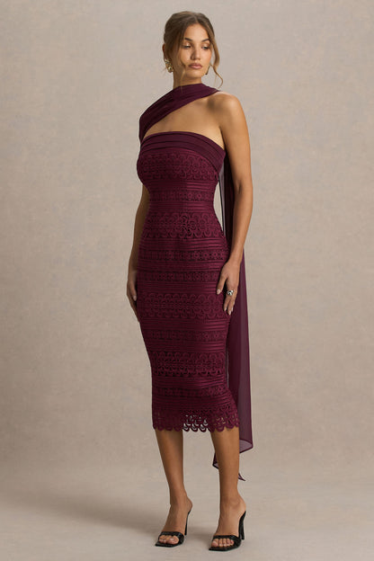 Secret | Burgundy Bandeau Lace Midi Dress With Scarf Detail