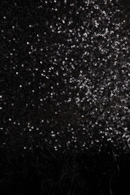 Rosalinda | Black Sequin Square-Neck Mini Dress With Feather Trim