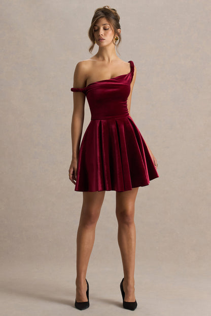 Leticia | Burgundy Velvet Asymmetric-Neck Velvet Mini Dress With Twist-Sleeve