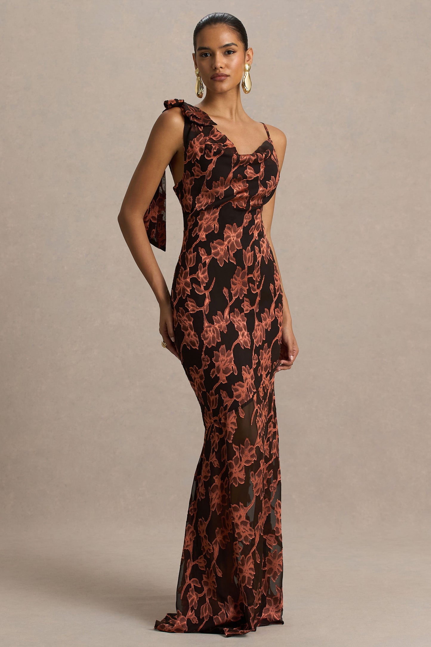 Mar | Black And Rust Cowl-Neckline Maxi Dress