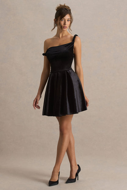 Leticia | Black Velvet Asymmetric-Neck Velvet Mini Dress With Twist-Sleeve