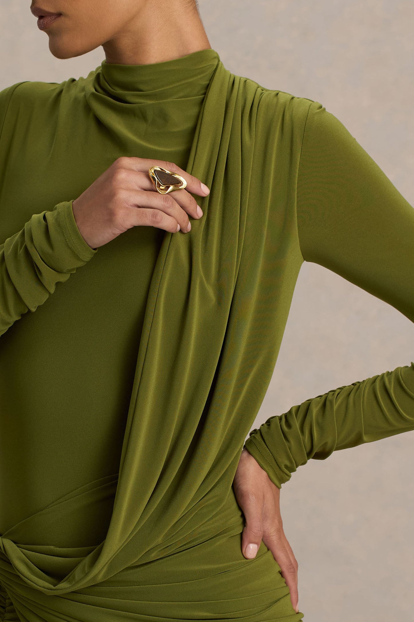 Melissa | Olive Long-Sleeve Wrap Maxi Dress With Ruched Detailing