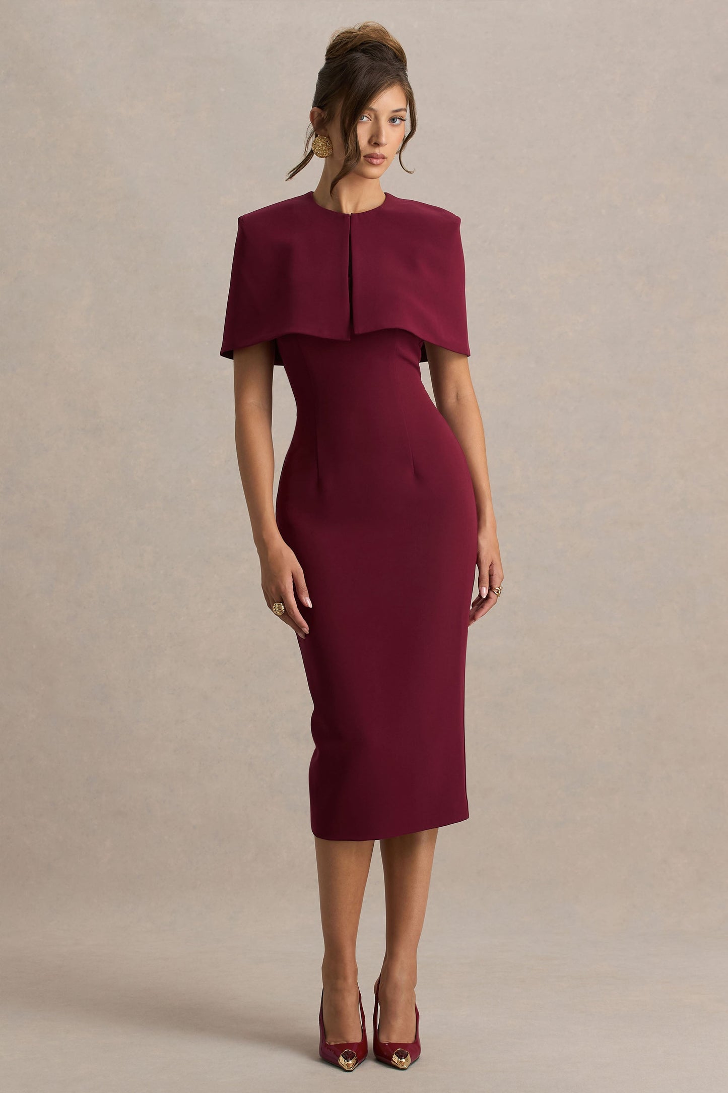 Baylor | Burgundy Midi-Dress With Cape-Detail