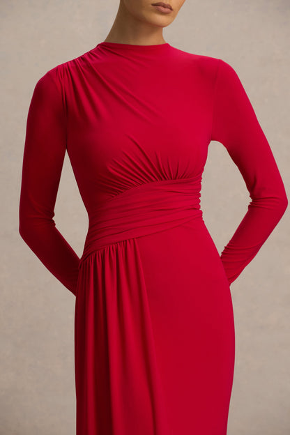 Virelle | Red Boat-Neck Maxi Dress With Drop-Waist